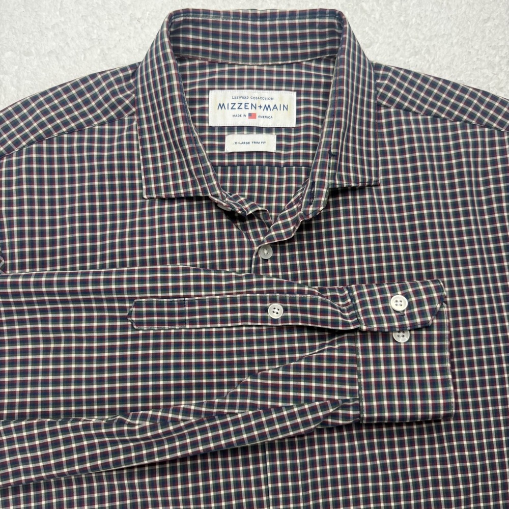 Mizzen+Main Mens XL Trim Fit Long Sleeve Button Up Shirt Plaid Red Green‎